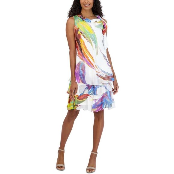 Robbie Bee Women’s Petite Printed Tie-Neck Tiered-Hem Midi Dress, Multi, 8P - Picture 1 of 3